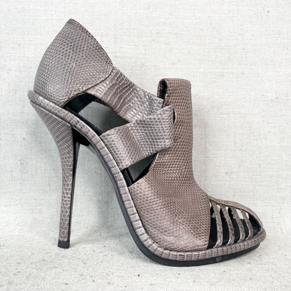 Balenciaga Womens 37 Bootie Gray Embossed Leather Caged Pumps Stiletto High Heel